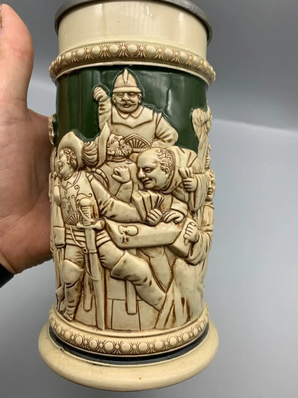 Vintage German Gestzlich Tavern Scene Stein with Pewter Hinged Lid